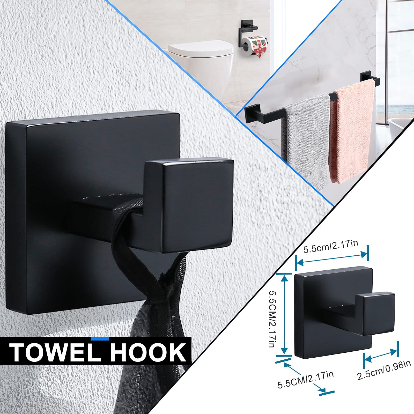 YACVCL 5-Piece Bathroom Hardware Accessories Set 23.6 inch Towel Bar Towel Rack Sets Modern Towel Ring Kit Stainless Steel Wall Mounted (Matte Black)